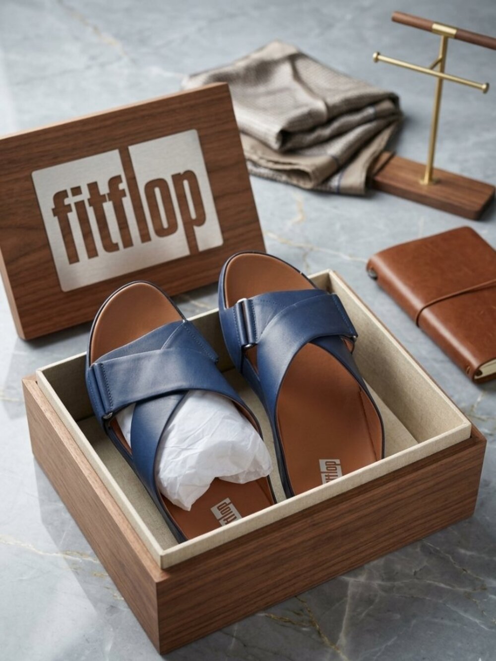FitFlop Shuv Leather Cross Slides Navy Blue Size 5 / 5.5